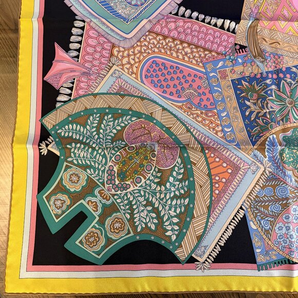 New NWT HERMES Tapis de Selle Black Rose Multi 90 cm Silk Square Scarf Box RARE - Picture 11 of 16